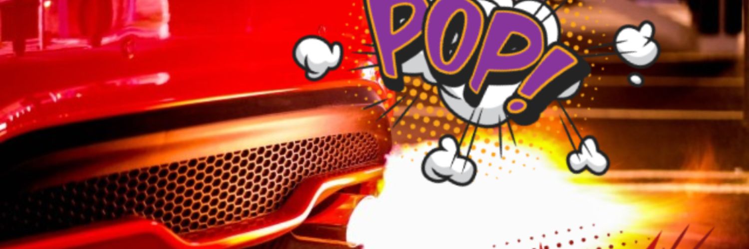 close up of pops & bangs car exhaust with a cartoon bang image