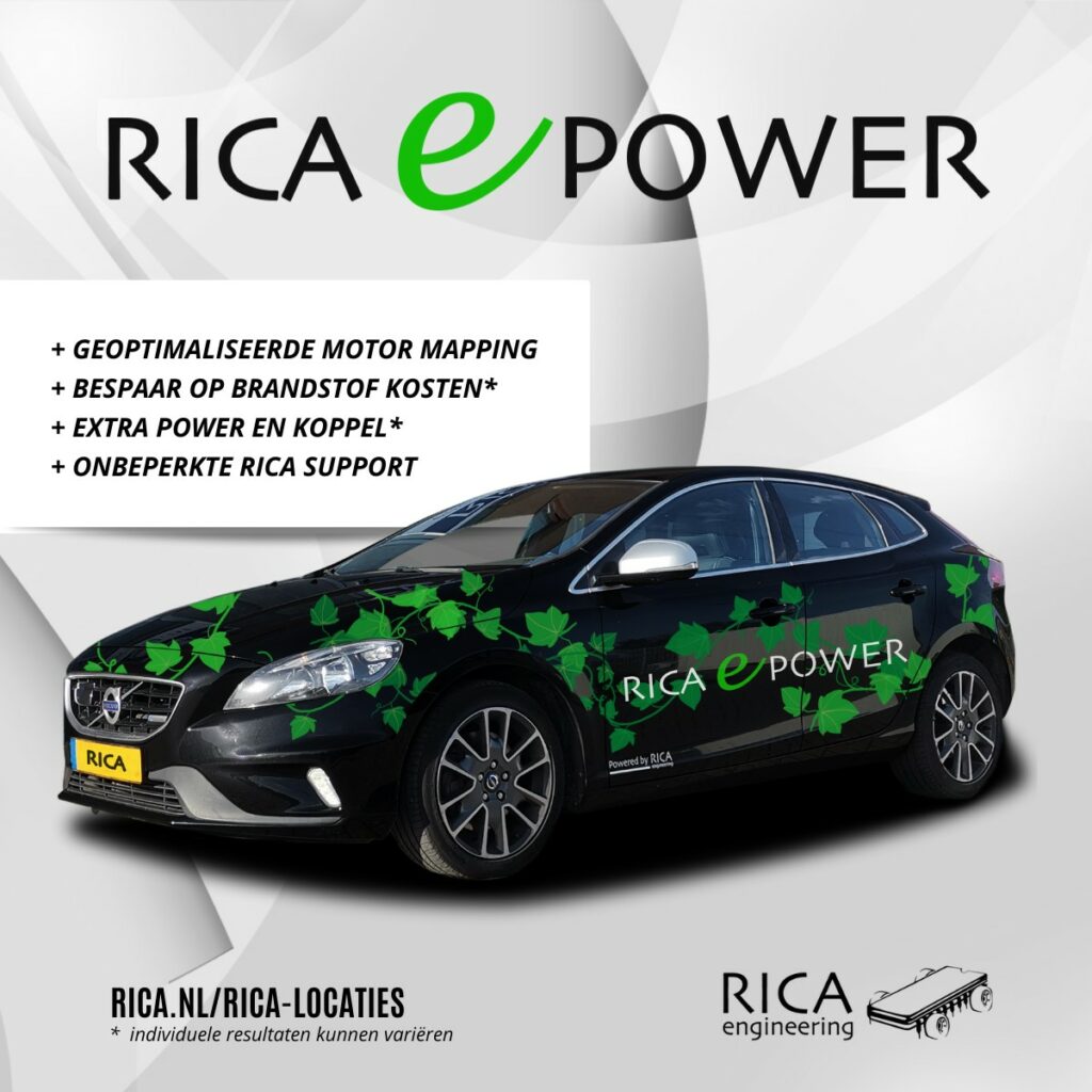 promo afbeelding Rica e-power met zwarte auto met groen bladontwerp