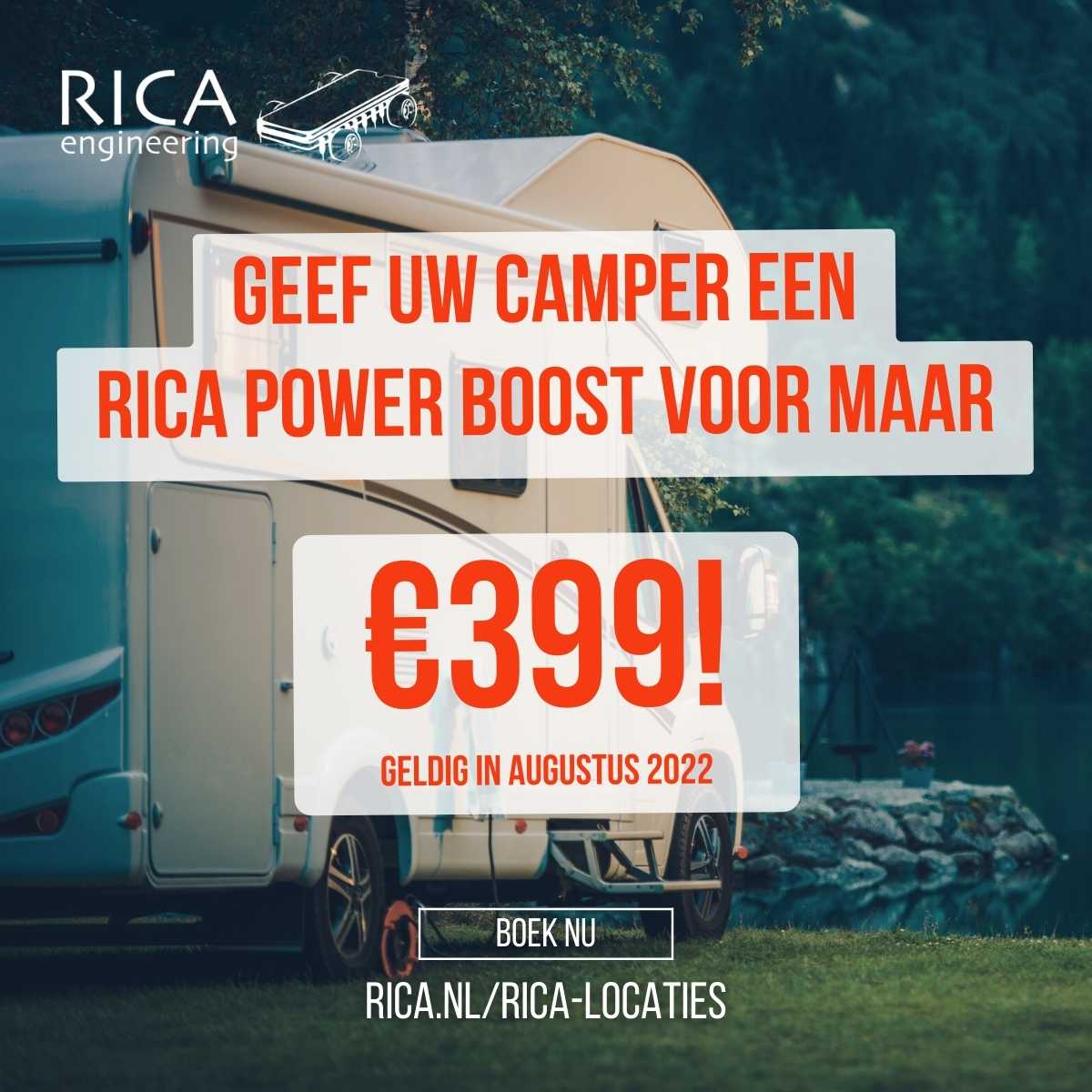 promo post text overlay rica deal on image of camper parked outside on a field