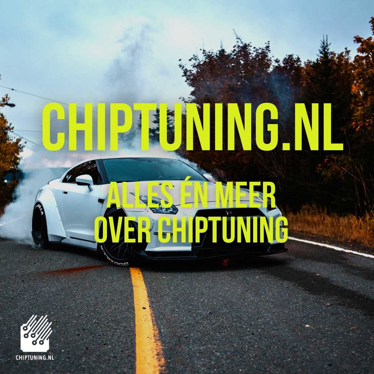 promo post yellow text overlay chiptuning.nl on a photo of a white drifting car on the road