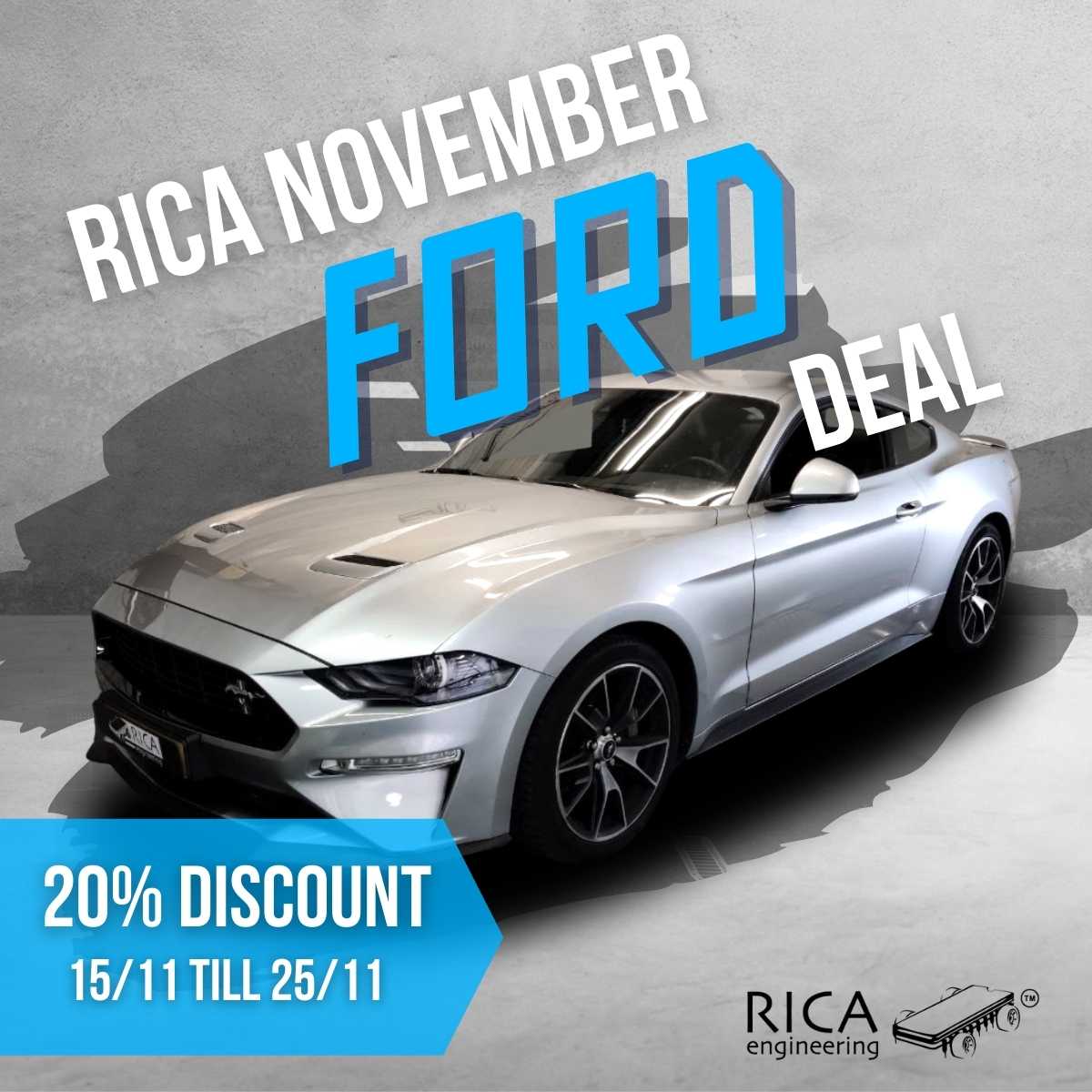 promo deal blue and white text overlay on photo of silver ford car