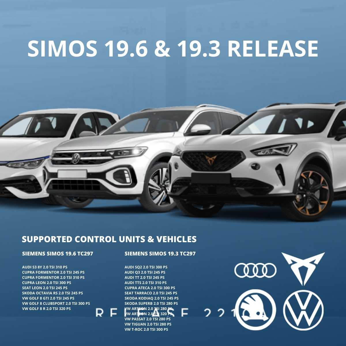 promo post simos release 3 cwhite cars on a blue background with info text of all models